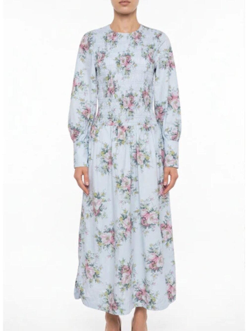 Ganni Organic Cotton Poplin Smocked Long Sleeve Maxi Dress Heather Blue